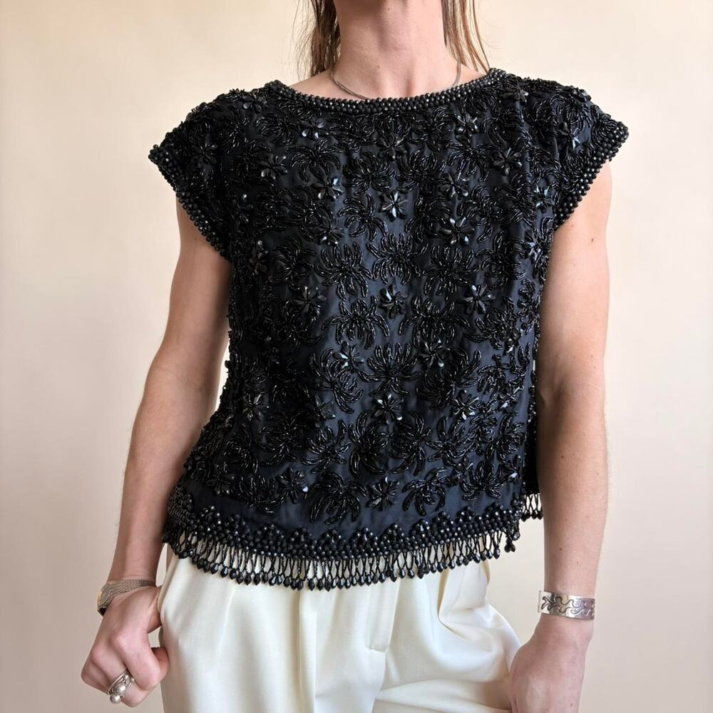 Doreen Loh Black Beaded Fringe Top - Made in Hong Kong